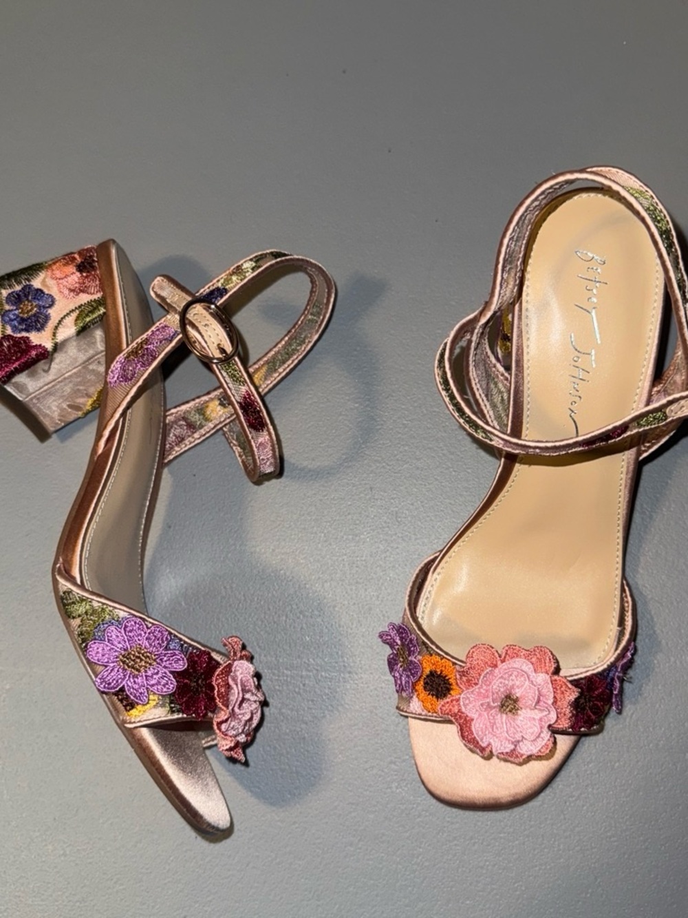 Betsey Johnson Pink Metallic Floral Embroidered Block Heel Sandals